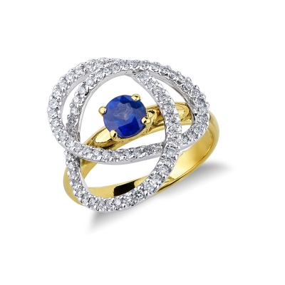 18k white and yellow gold ring with blue sapphires and diamonds 