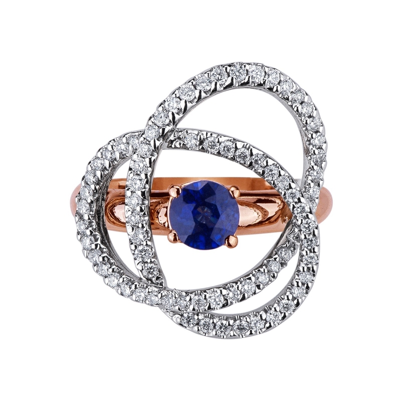 White and rosé gold 18k ring with central blue sapphire and diamonds 