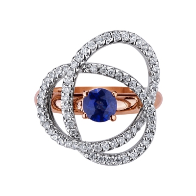 White and rosé gold 18k ring with central blue sapphire and diamonds 