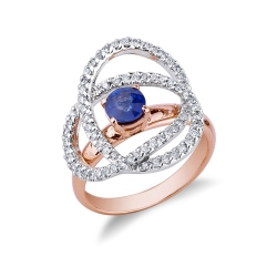 White and rosé gold 18k ring with central blue sapphire and diamonds 