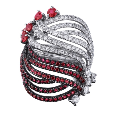 Band ring with rubies on burnished tips and diamonds 