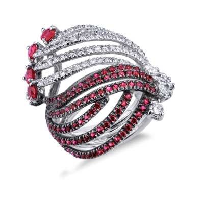 Band ring with rubies on burnished tips and diamonds 
