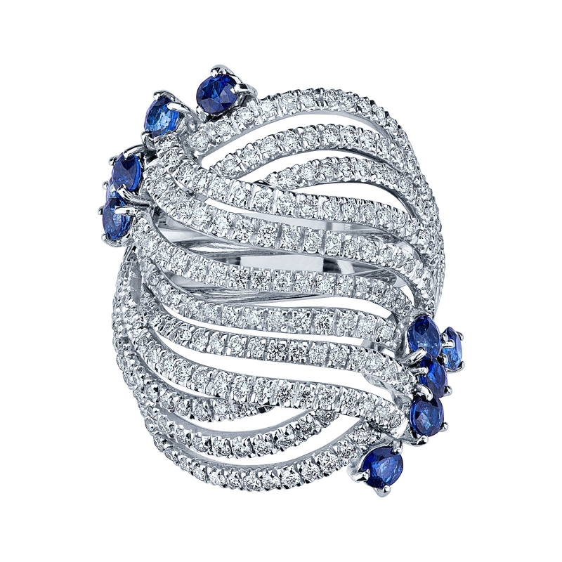 Big band ring with blue sapphires and diamonds in white gold 18k 