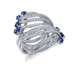 Big band ring with blue sapphires and diamonds in white gold 18k 