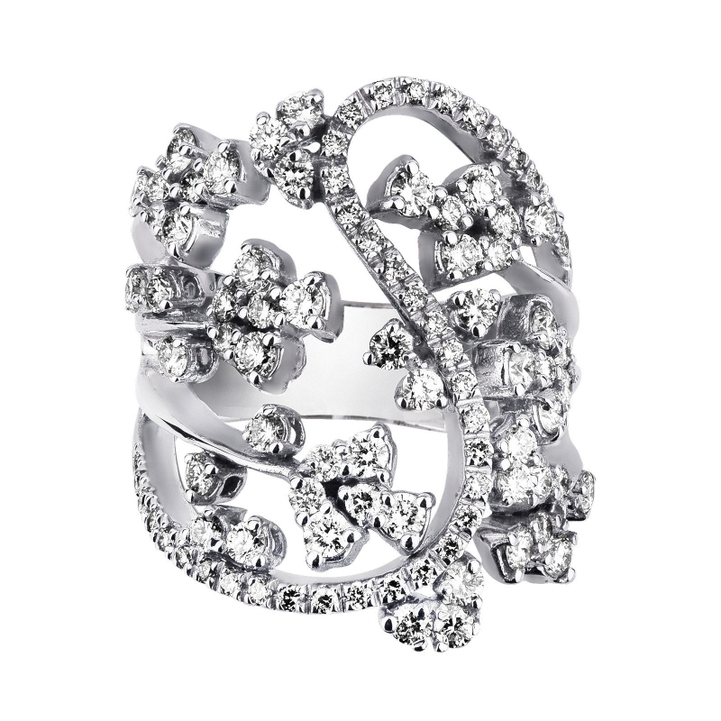 Band ring in white gold 18k with diamonds flowers 