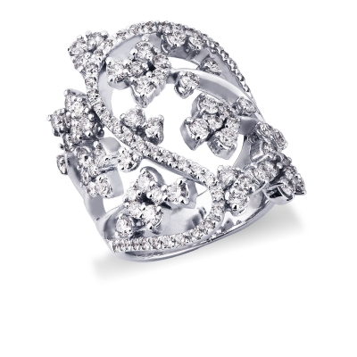 Band ring in white gold 18k with diamonds flowers 