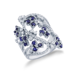 18k white gold ring with flowers of blue sapphires and diamonds
