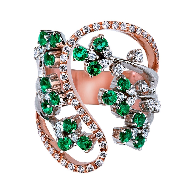 White and rosé gold 18k ring with emerald flowers and diamonds 