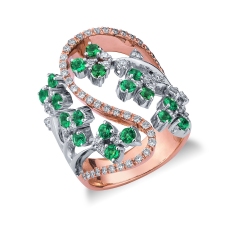 White and rosé gold 18k ring with emerald flowers and diamonds 