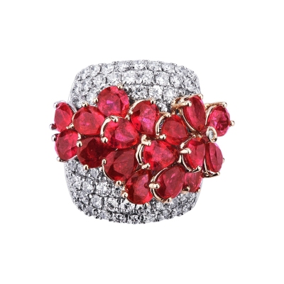 18k white gold band ring with rubies pear cut and diamonds 