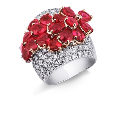 18k white gold band ring with rubies pear cut and diamonds 