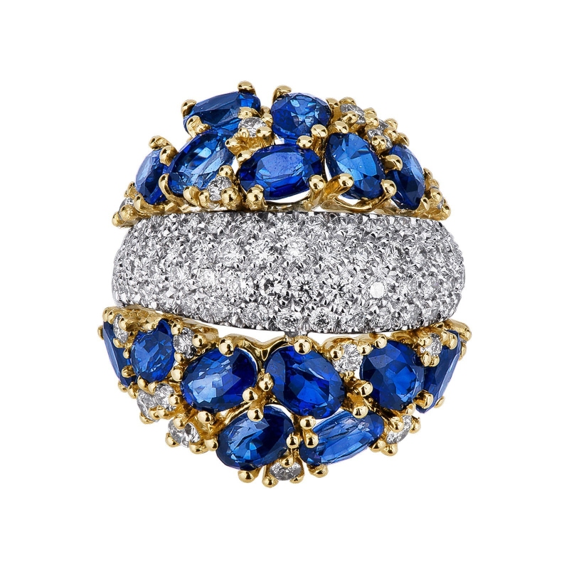 Bicolor ring with blue sapphires pear cut and diamonds 