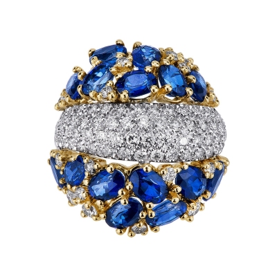Bicolor ring with blue sapphires pear cut and diamonds 