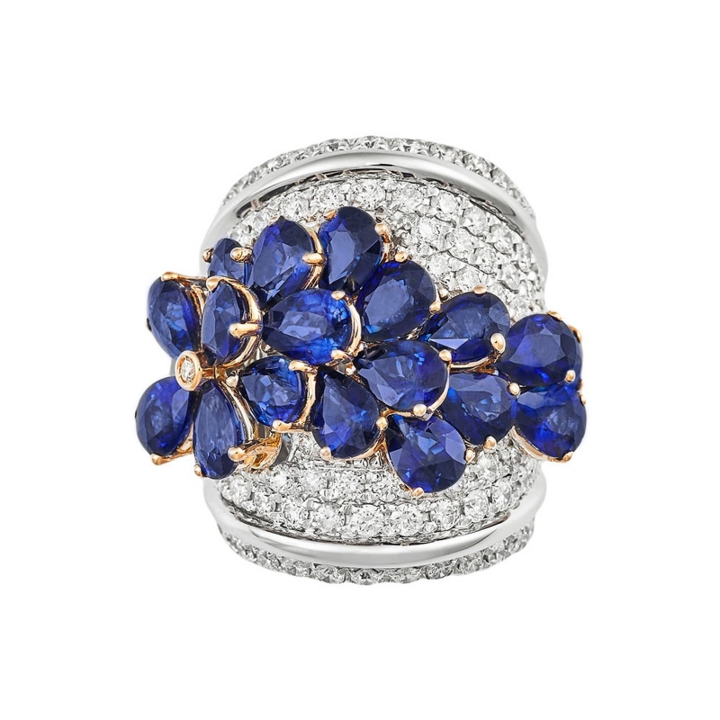 Band ring with blue sapphires pear cut and diamonds 