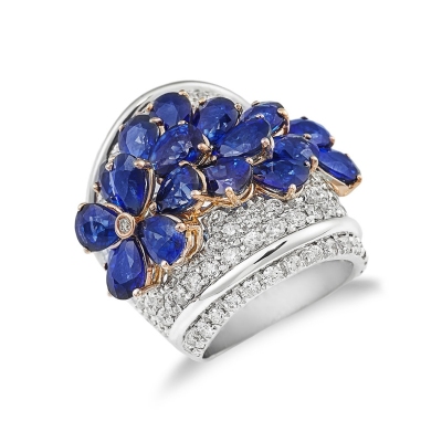Band ring with blue sapphires pear cut and diamonds 