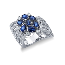 Band ring with diamonds and blue sapphires in white gold 18k