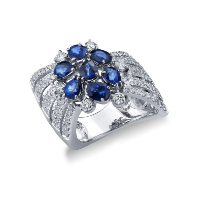 Band ring with diamonds and blue sapphires in white gold 18k
