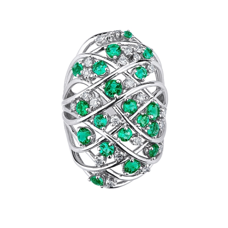 18k white gold band braided wire ring with emeralds and diamonds 