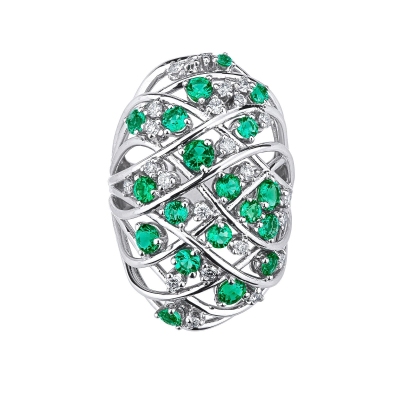 18k white gold band braided wire ring with emeralds and diamonds 