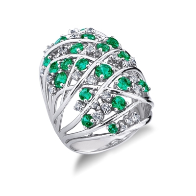 18k white gold band braided wire ring with emeralds and diamonds 