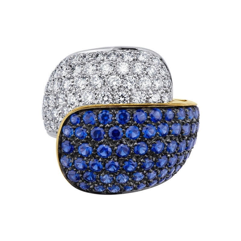 18k white and yellow gold pavé ring with diamonds and blue sapphires 