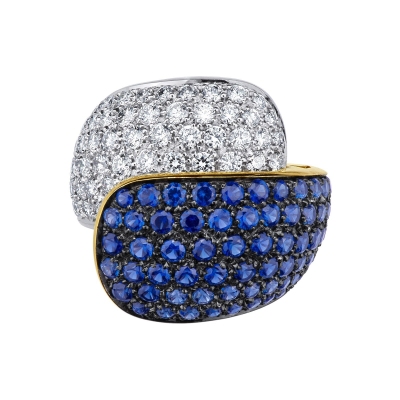 18k white and yellow gold pavé ring with diamonds and blue sapphires 