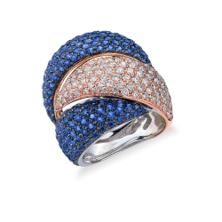 White and rosé gold band ring with diamonds and blue sapphires 