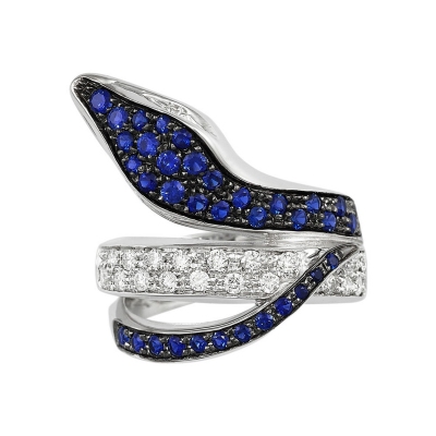 White gold 18k snake ring with diamonds and blue sapphires on head and tail