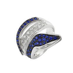 White gold 18k snake ring with diamonds and blue sapphires on head and tail