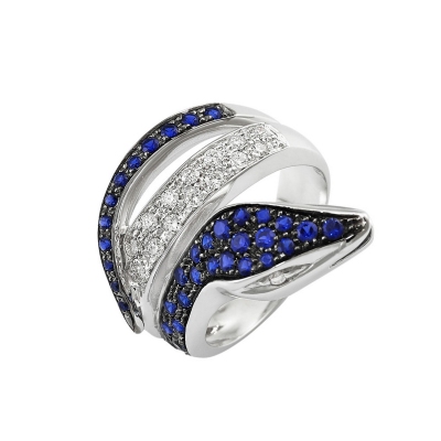 White gold 18k snake ring with diamonds and blue sapphires on head and tail