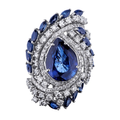 18k white gold halo with blue sapphires pear cut and diamonds