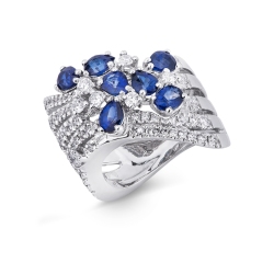 Band ring with diamonds and blue sapphires oval and pear cut 