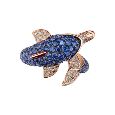 Rosé gold 18k dolphin ring with blue sapphire and diamonds 