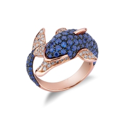 Rosé gold 18k dolphin ring with blue sapphire and diamonds 