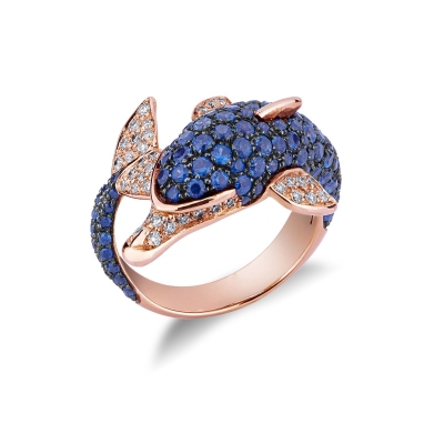 Rosé gold 18k dolphin ring with blue sapphire and diamonds 