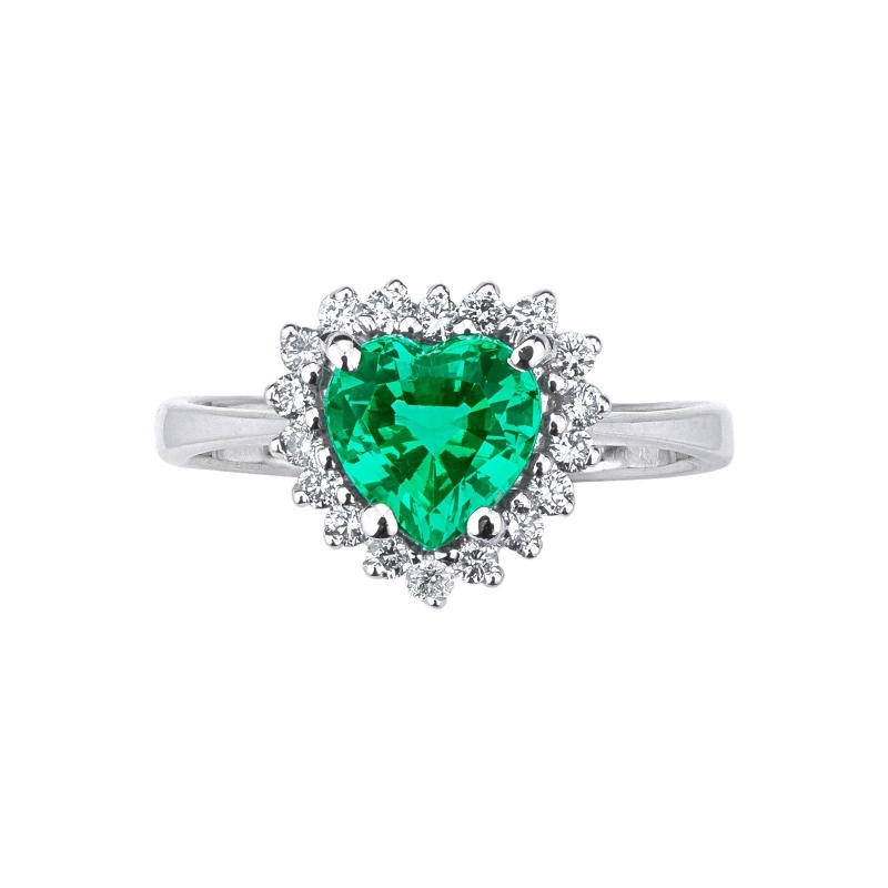 18k white gold halo heart cut emerald and diamonds 