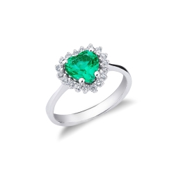 18k white gold halo heart cut emerald and diamonds 