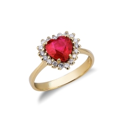 Yellow gold 18k halo ring with heart cut ruby and diamonds 