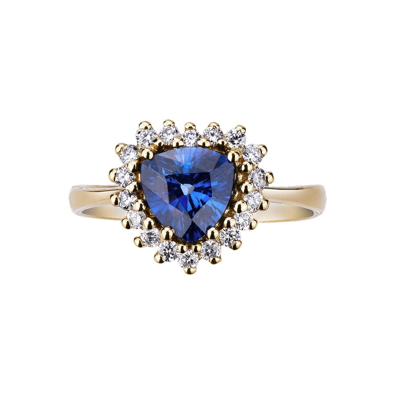 Halo ring with blue sapphire heart cut and diamonds yellow gold 18k
