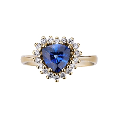 Halo ring with blue sapphire heart cut and diamonds yellow gold 18k