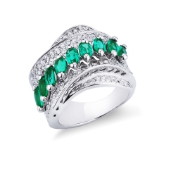 Band ring in white gold 18k with emeralds marquise cut and diamonds