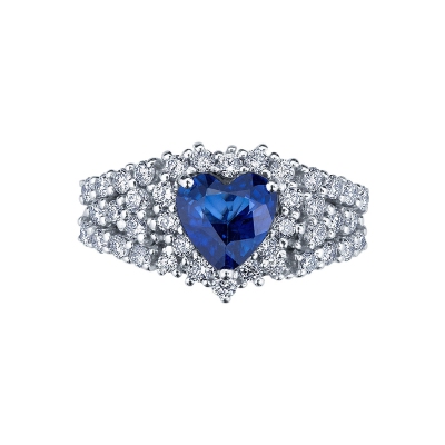 Band ring in white gold 18k with blue sapphire heart cut and diamonds 