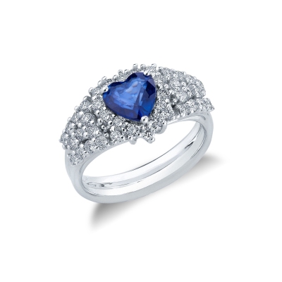 Band ring in white gold 18k with blue sapphire heart cut and diamonds 