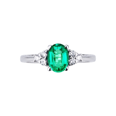 18k white gold with a central emerald oval cut and diamonds 