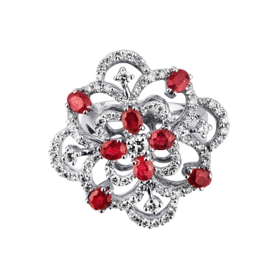 Rosette ring in white gold 18k with diamonds and rubies