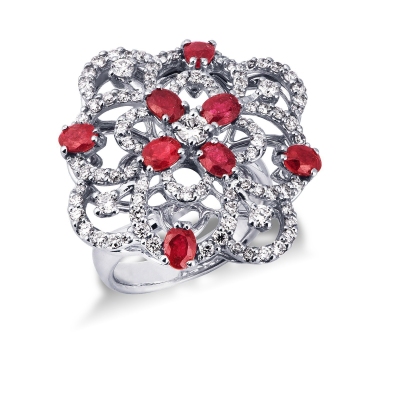 Rosette ring in white gold 18k with diamonds and rubies