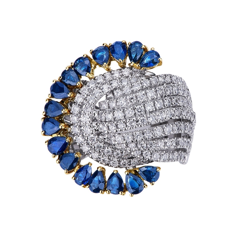 18k yellow and white gold with diamonds and blue sapphires