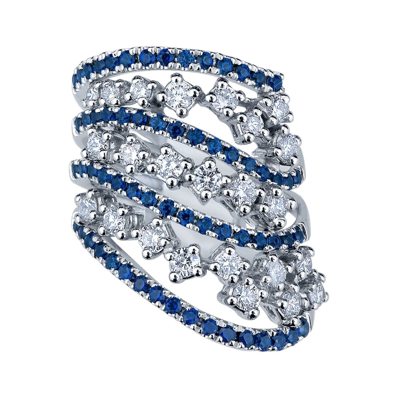 18k white gold ring with waves of blue sapphires and diamonds 