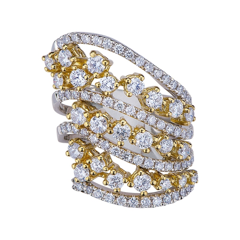 18k white and yellow gold ring with diamonds waves 