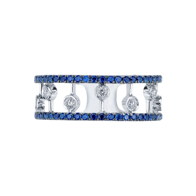 White gold 18k band ring with parallel arcs of blue sapphires and diamonds 